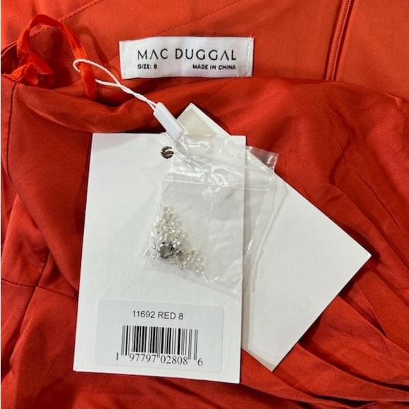 NWT Mac Duggal One-Shoulder Coral-Red Satin Maxi Gown with Jeweled Cutout